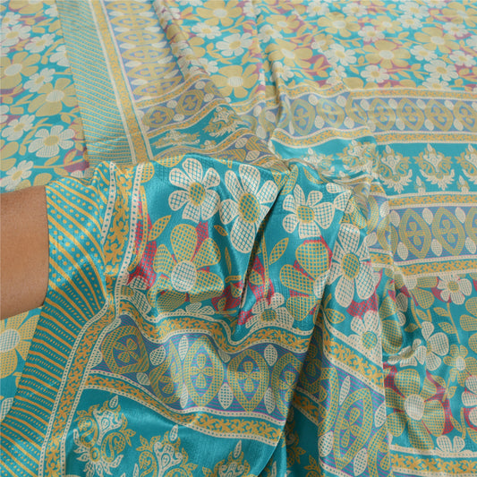 Sanskriti Vintage Green Sarees Moss Crepe Printed Sari Floral 5 YD Craft Sustainable Fabric