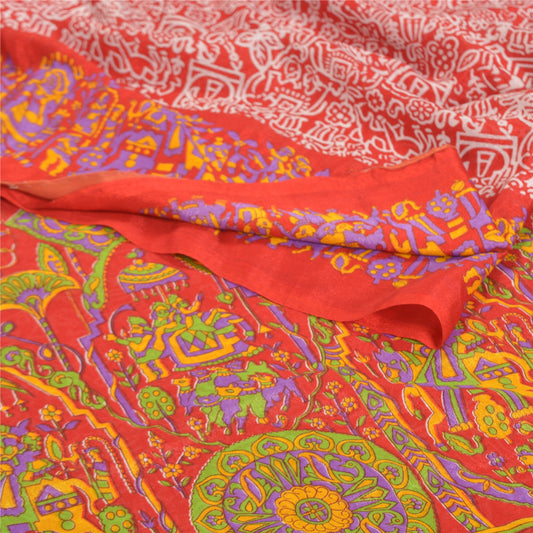 Sanskriti Vintage Red Sarees Moss Crepe Human Patten Printed Sari Craft Sustainable Fabric