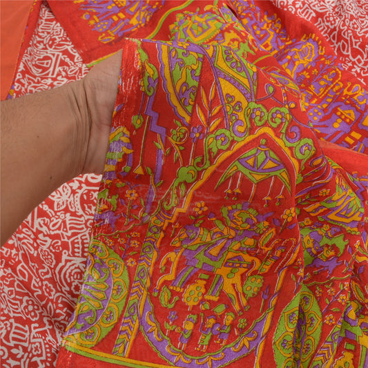 Sanskriti Vintage Red Sarees Moss Crepe Human Patten Printed Sari Craft Sustainable Fabric