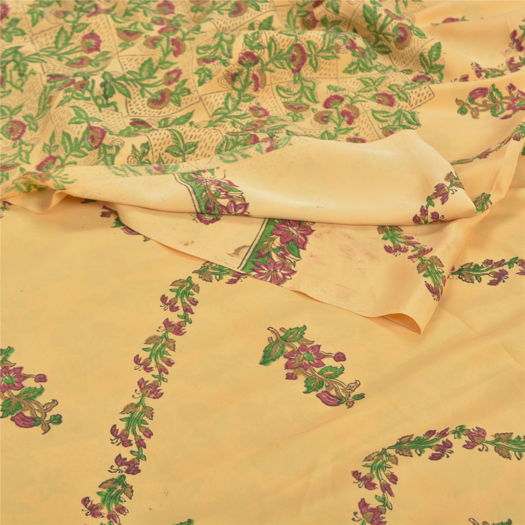 Sanskriti Vintage Beige Sarees Moss Crepe Printed Sari 5YD Floral Craft Sustainable Fabric