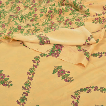 Sanskriti Vintage Beige Sarees Moss Crepe Printed Sari 5YD Floral Craft Sustainable Fabric