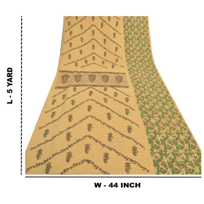 Sanskriti Vintage Beige Sarees Moss Crepe Printed Sari 5YD Floral Craft Sustainable Fabric