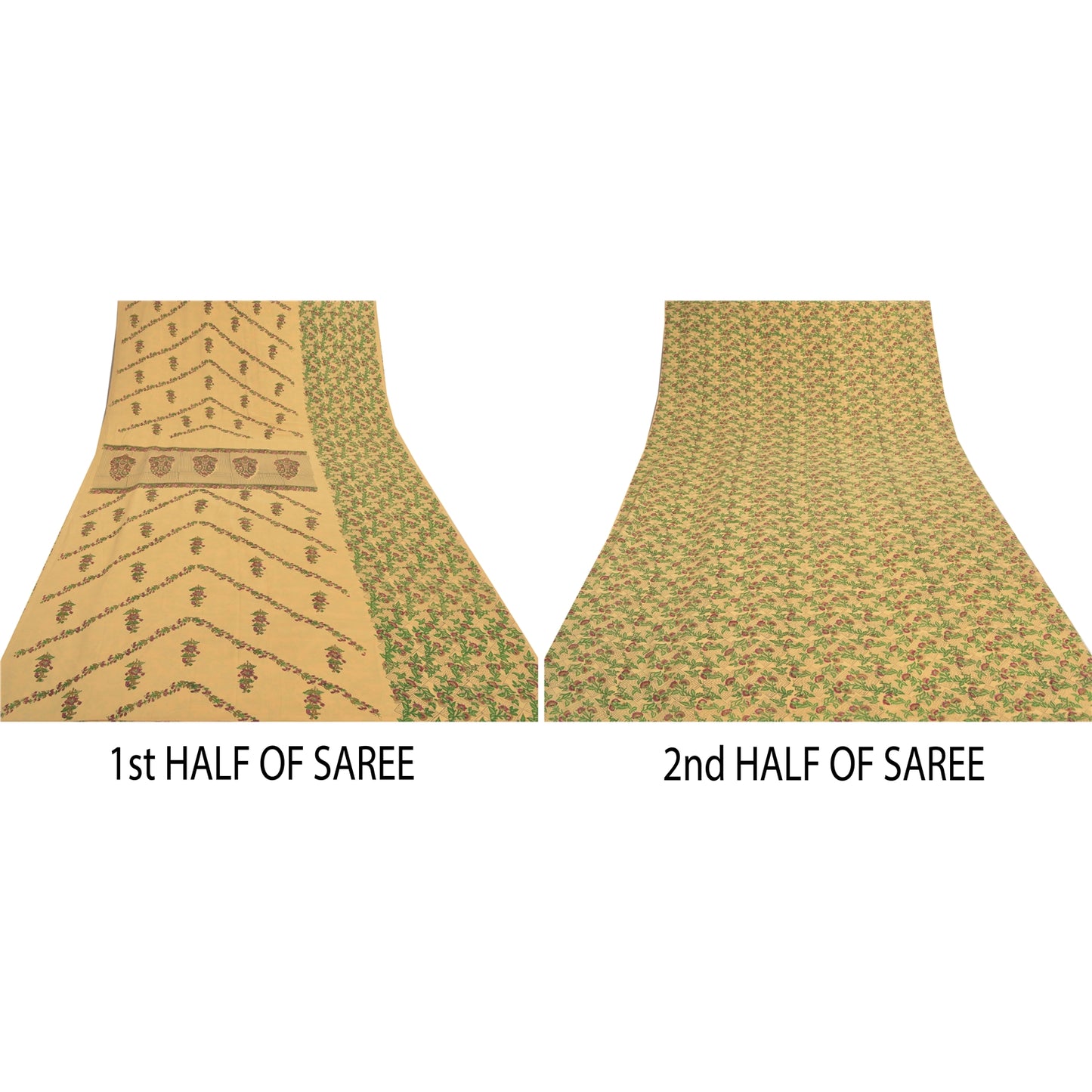 Sanskriti Vintage Beige Sarees Moss Crepe Printed Sari 5YD Floral Craft Sustainable Fabric