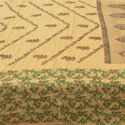 Sanskriti Vintage Beige Sarees Moss Crepe Printed Sari 5YD Floral Craft Sustainable Fabric