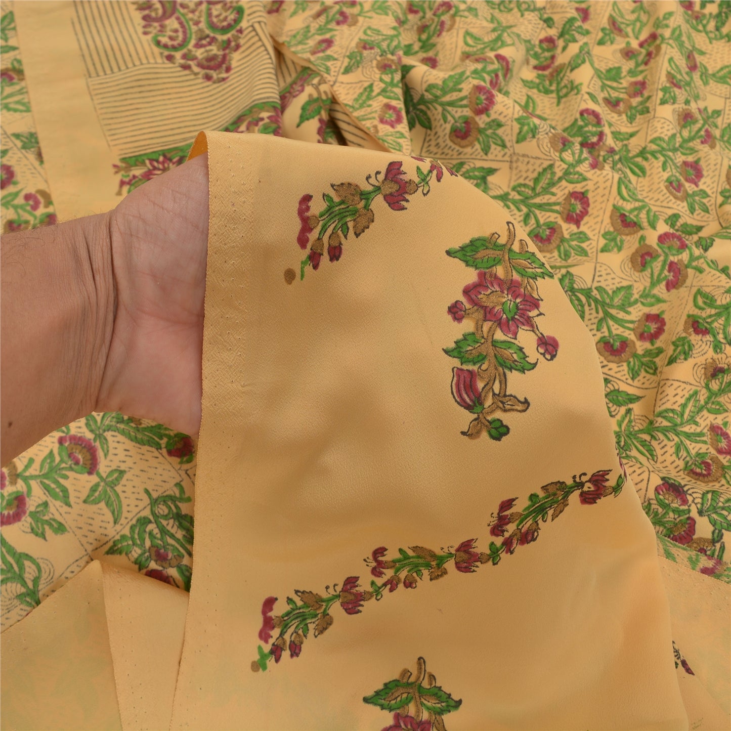 Sanskriti Vintage Beige Sarees Moss Crepe Printed Sari 5YD Floral Craft Sustainable Fabric
