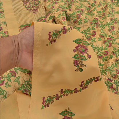 Sanskriti Vintage Beige Sarees Moss Crepe Printed Sari 5YD Floral Craft Sustainable Fabric