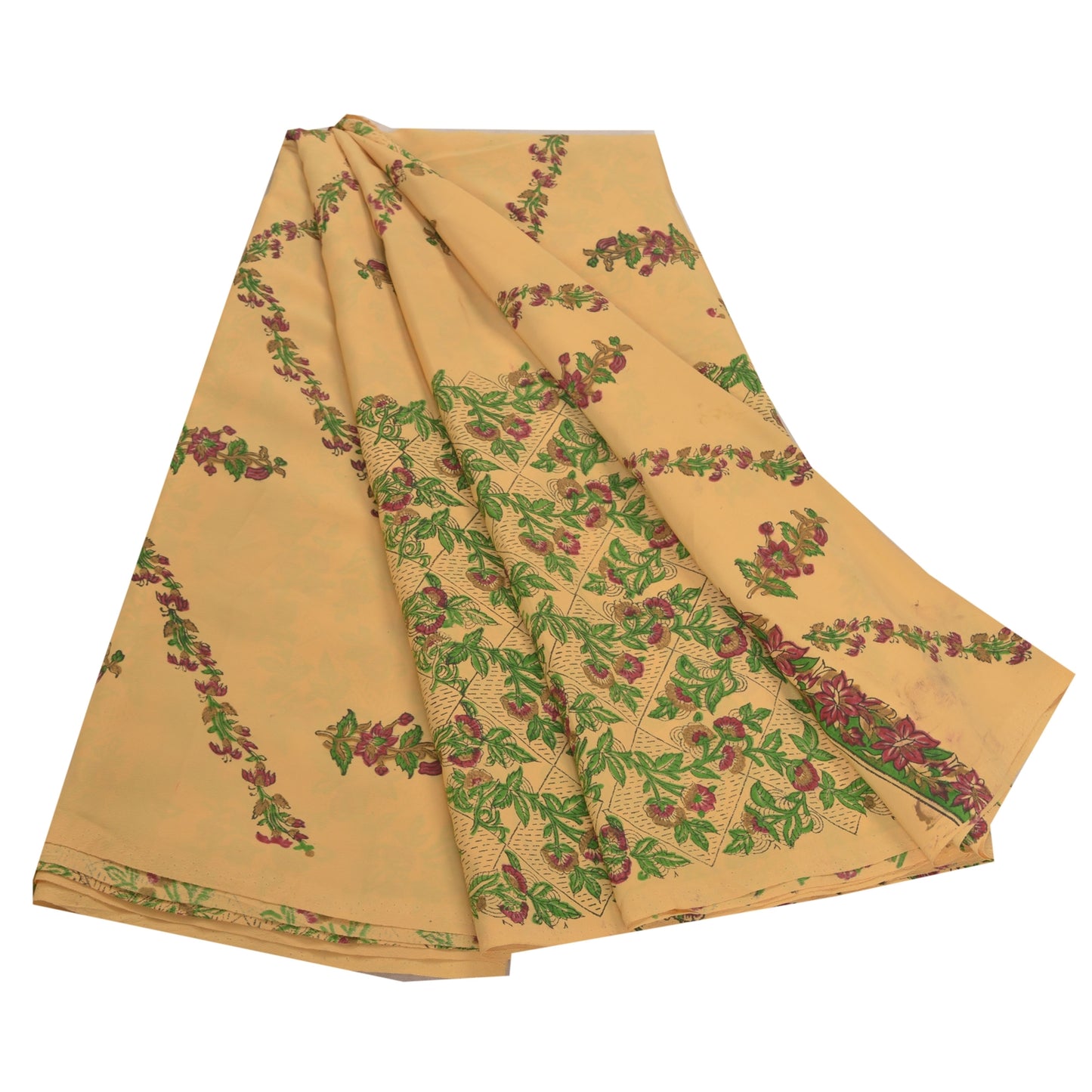 Sanskriti Vintage Beige Sarees Moss Crepe Printed Sari 5YD Floral Craft Sustainable Fabric