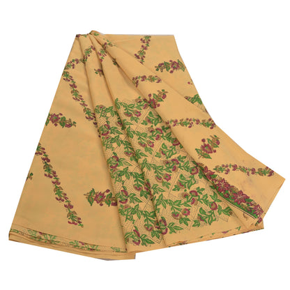 Sanskriti Vintage Beige Sarees Moss Crepe Printed Sari 5YD Floral Craft Sustainable Fabric