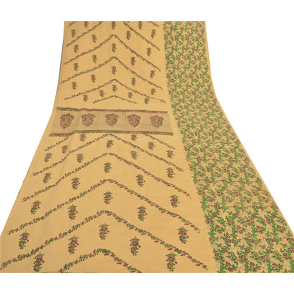 Sanskriti Vintage Beige Sarees Moss Crepe Printed Sari 5YD Floral Craft Sustainable Fabric