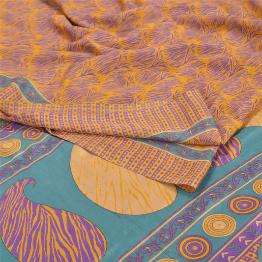 Sanskriti Vintage Yellow Sarees Moss Crepe Printed Sari 5YD Floral Craft Sustainable Fabric