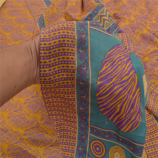 Sanskriti Vintage Yellow Sarees Moss Crepe Printed Sari 5YD Floral Craft Sustainable Fabric