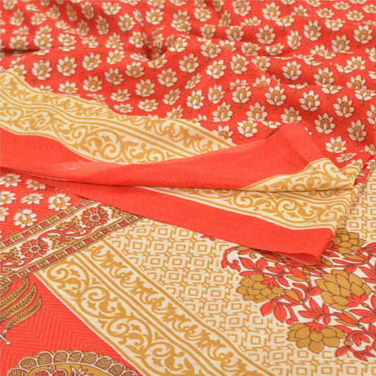 Sanskriti Vintage Red Indian Sarees Moss Crepe Printed Blouse Piece Sari Sustainable Fabric