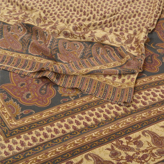 Sanskriti Vintage Cream Indian Sarees Moss Crepe Printed Sari Soft Craft Sustainable Fabric