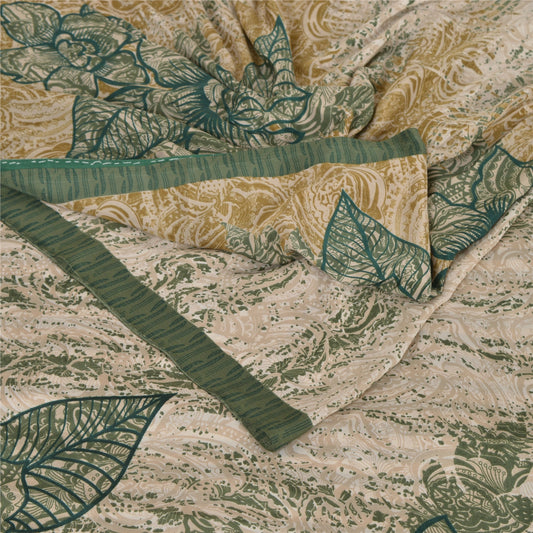 Sanskriti Vintage Cream Sarees Moss Crepe Printed Sari Decor 5 Yard Craft Sustainable Fabric