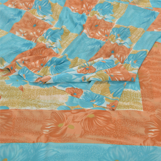 Sanskriti Vintage Blue Sarees Moss Crepe Floral Printed Blouse Piece Sari Sustainable Fabric