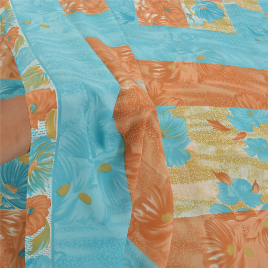 Sanskriti Vintage Blue Sarees Moss Crepe Floral Printed Blouse Piece Sari Sustainable Fabric
