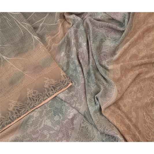 Sanskriti Vintage Gray Indian Sarees Moss Crepe Printed Sari Soft Craft Sustainable Fabric
