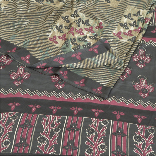 Sanskriti Vintage Green Sarees Moss Crepe Printed Sari 5YD Floral Craft Sustainable Fabric