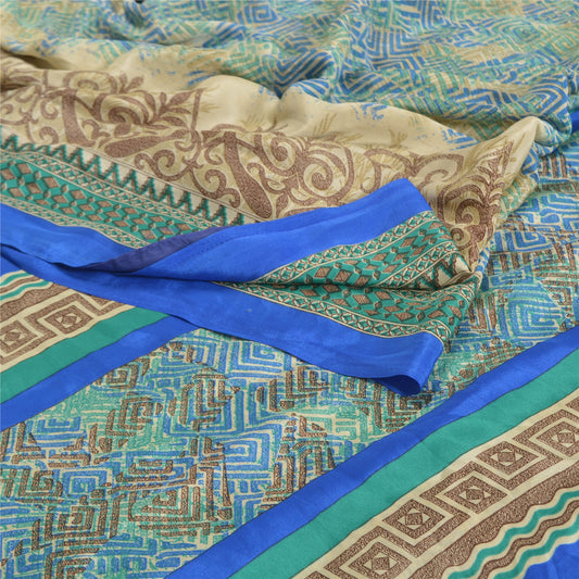 Sanskriti Vintage Blue Sarees Moss Crepe Printed Sari 5YD Decor Craft Sustainable Fabric