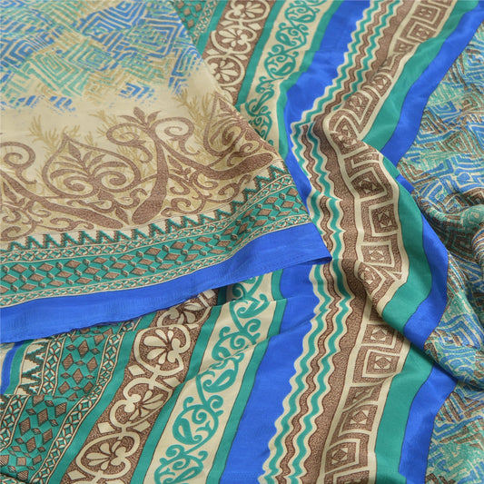 Sanskriti Vintage Blue Sarees Moss Crepe Printed Sari 5YD Decor Craft Sustainable Fabric