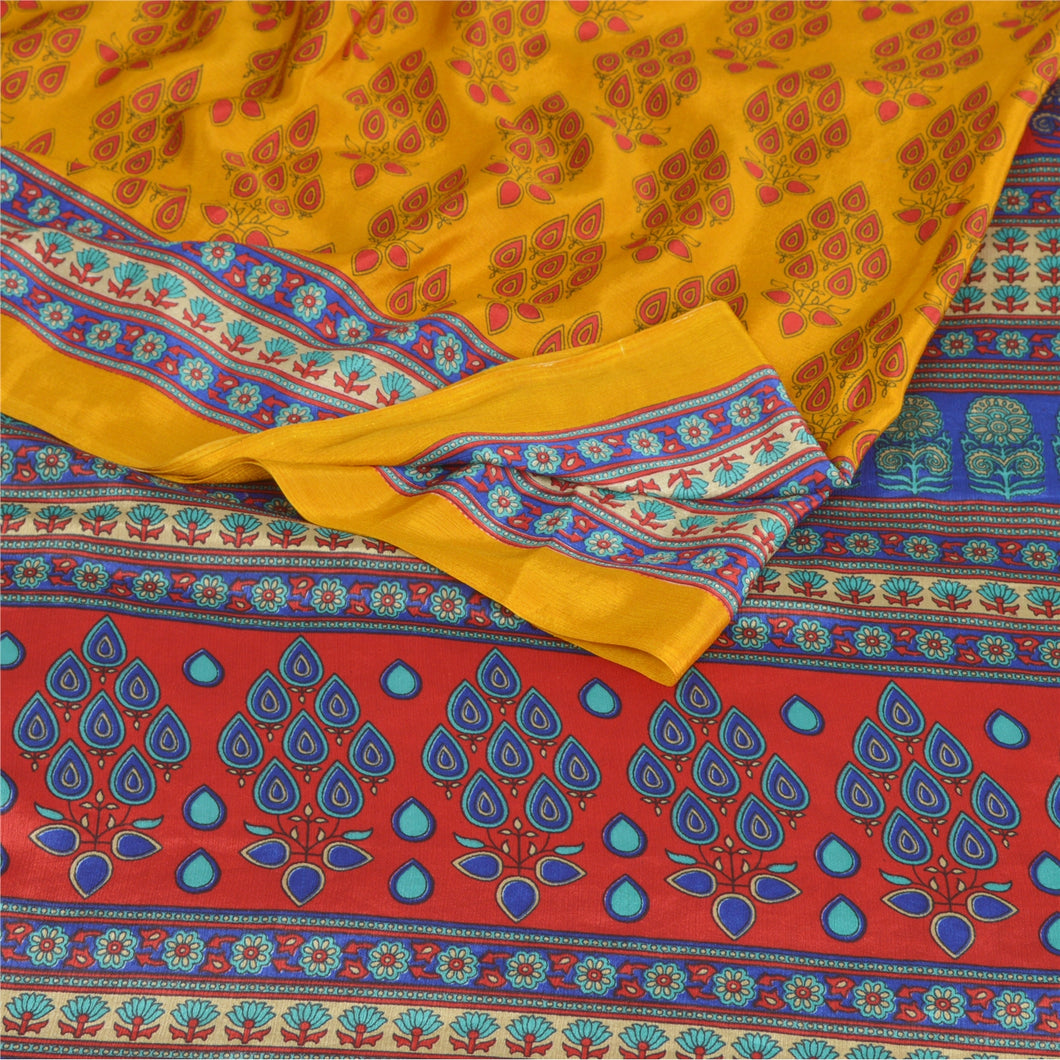 Sanskriti Vintage Saffron Sarees Art Silk Fabric Craft Printed Sewing Soft Sari
