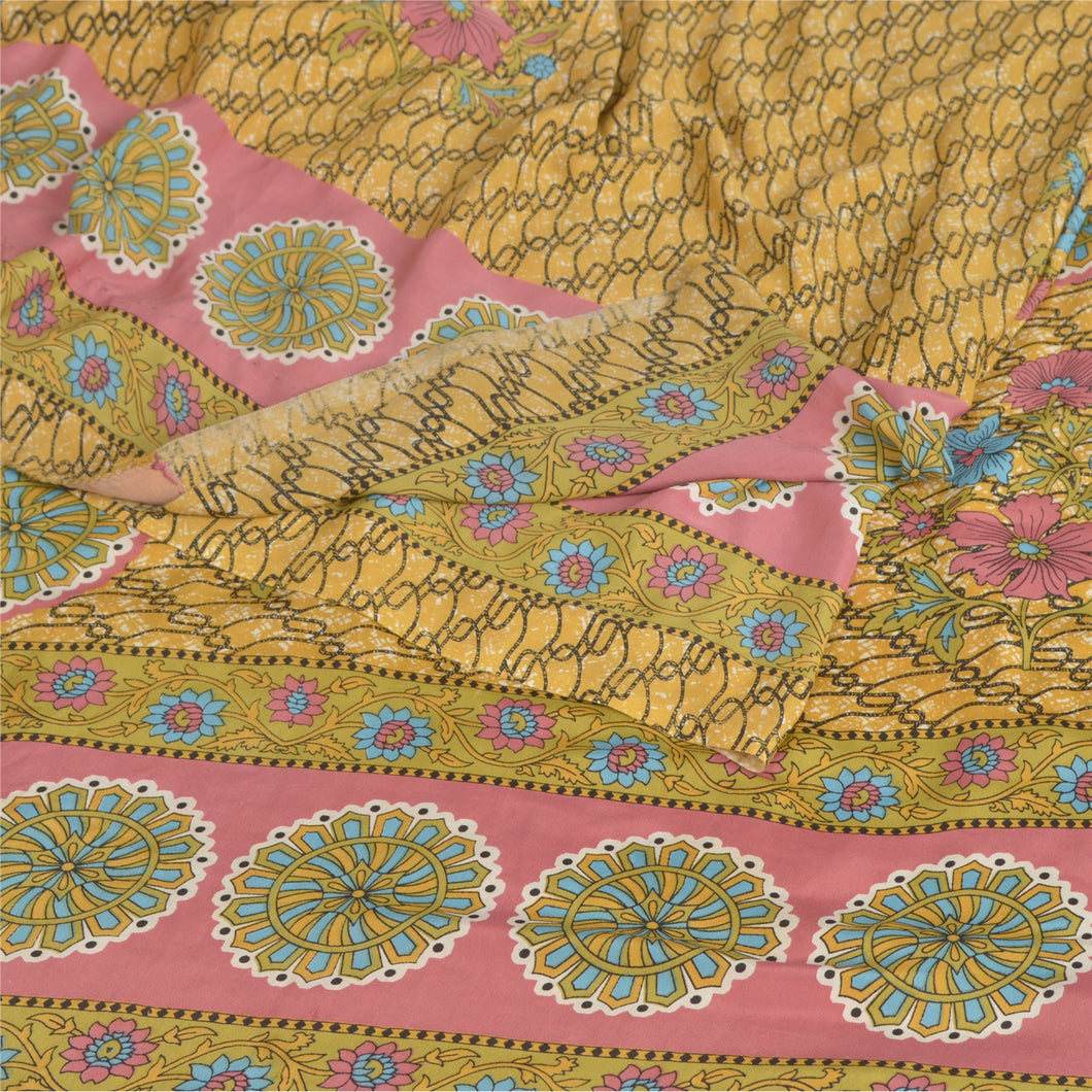 Sanskriti Vintage Beige Sarees Art Silk Fabric Craft Printed Sewing Soft Sari