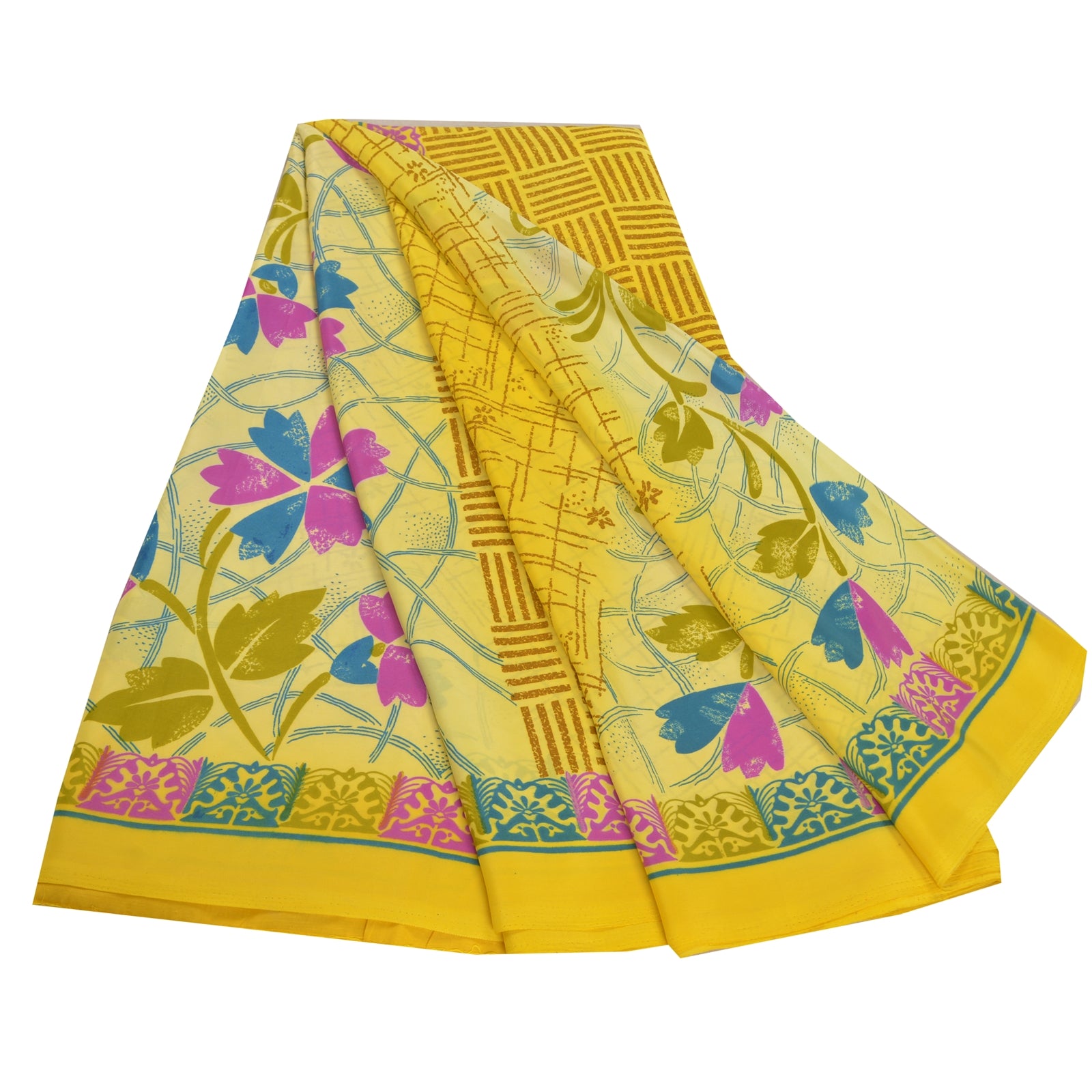Sanskriti Vintage Gule Sarier Kunstsilke Bæredygtigt Stof Håndværk Trykt Syning Blød Sari