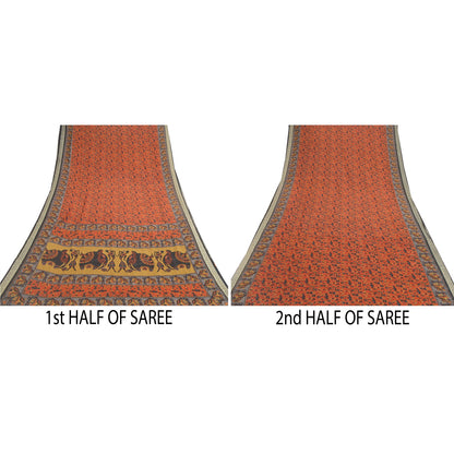 Sanskriti Vintage Orange Indian Sarees Art Silk Sustainable Fabric Craft Warli Printed Sari
