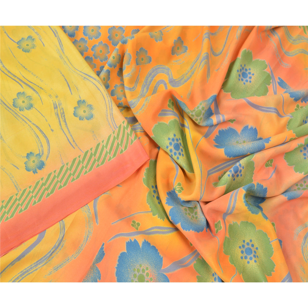 Sanskriti Vintage Yellow Sarees Art Silk Fabric Craft Floral Printed 5 Yard Sari