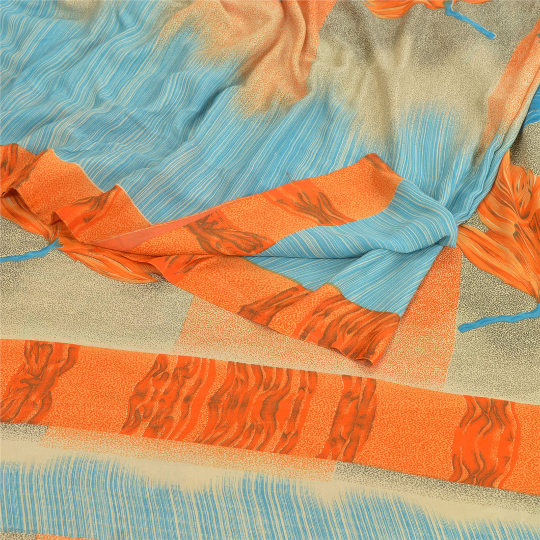 Sanskriti Vintage Blue Indian Sarees Moss Crepe Printed Sari Decor Craft Fabric