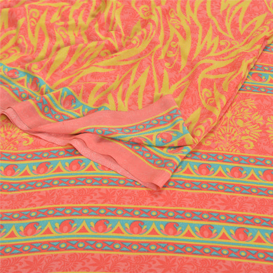 Sanskriti Vintage Pink Indian Sarees Moss Crepe Printed Sari 5YD Craft Sustainable Fabric