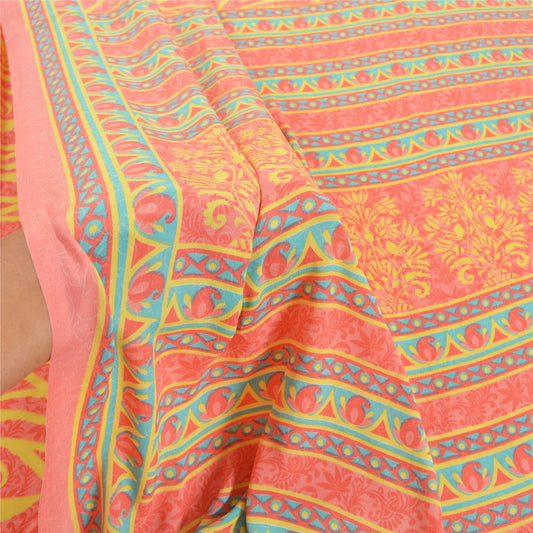 Sanskriti Vintage Pink Indian Sarees Moss Crepe Printed Sari 5YD Craft Sustainable Fabric