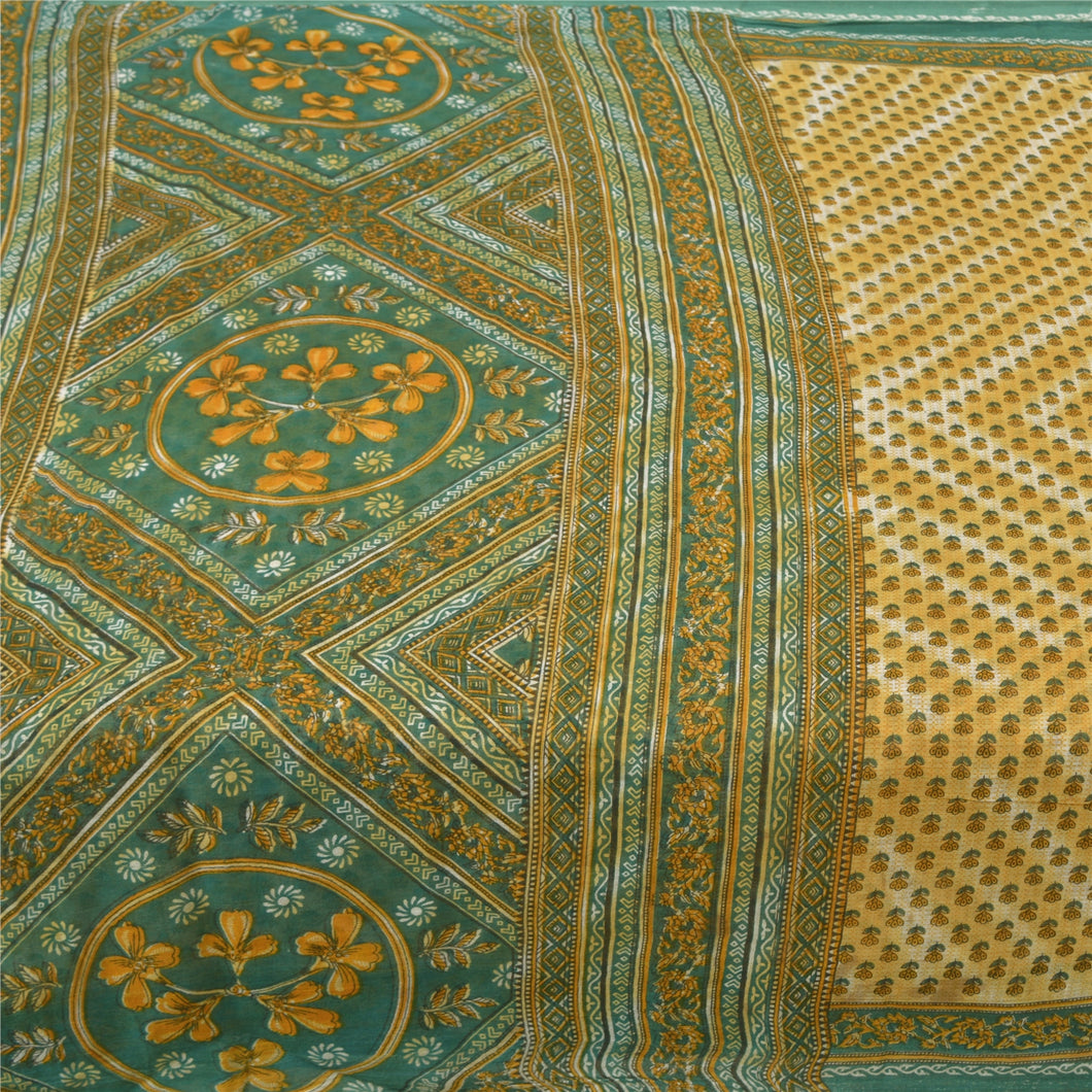 Sanskriti Vintage Beige Indian Printed Sarees Pure Cotton Sari 5yd Craft Fabric