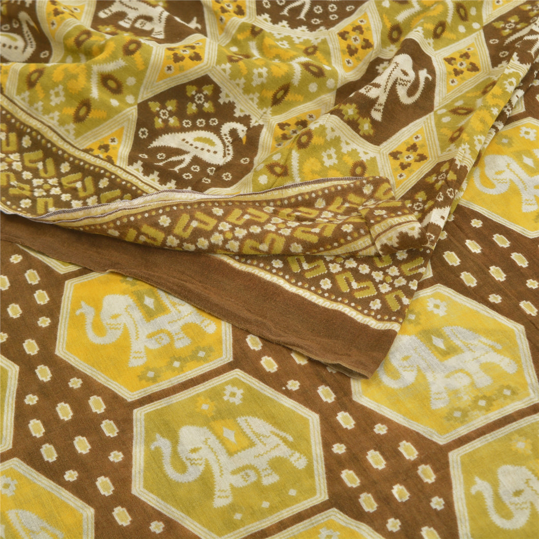Sanskriti Vintage Green Sarees Pure Cotton Elephant Printed Sari Craft Fabric