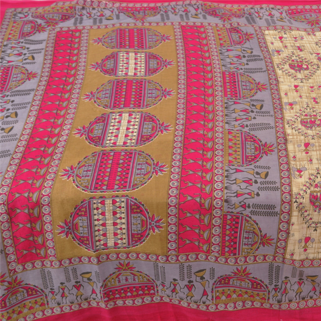 Sanskriti Vintage Sarees Green Warli Art Printed Pure Cotton Sari Craft Fabric