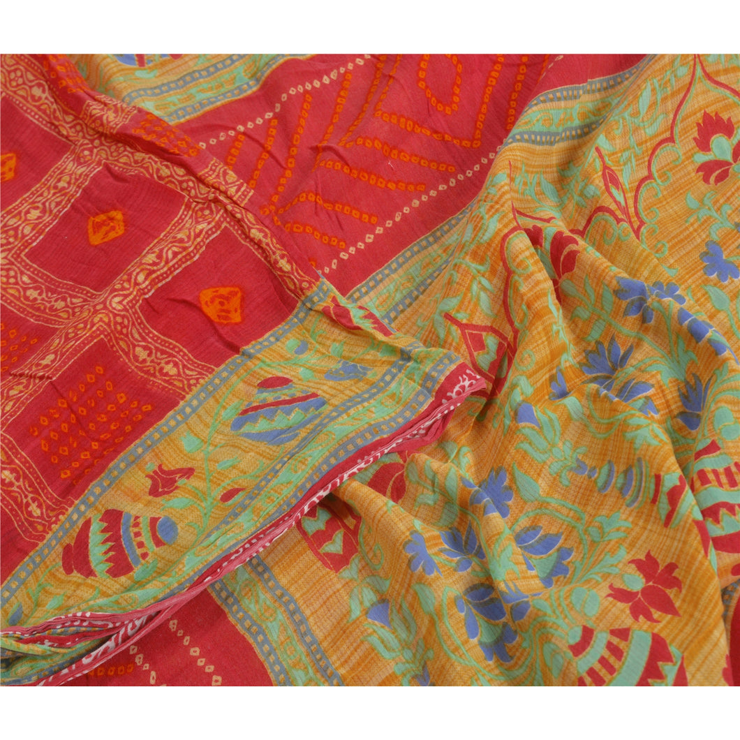 Sanskriti Vintage Sarees Red Bandhani Pure Cotton Printed Sari 5yd Craft Fabric