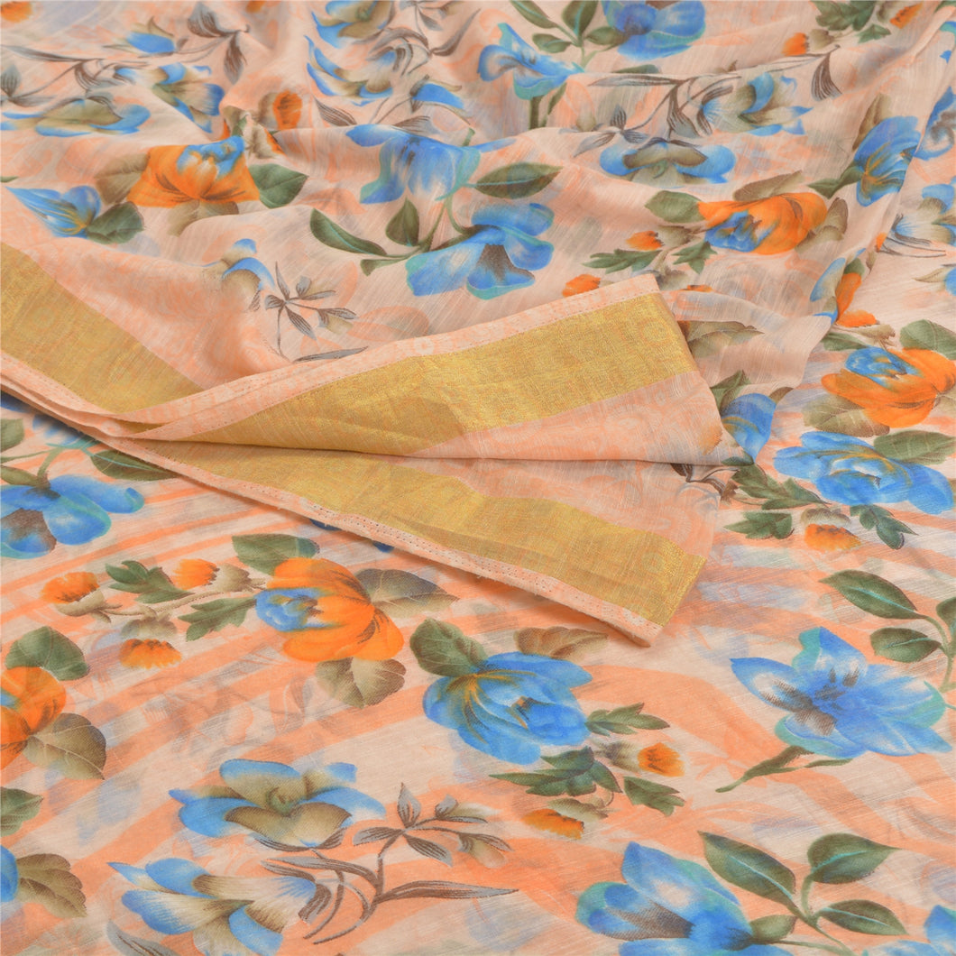 Sanskriti Vintage Sarees Indian Peach Digital Printed Chanderi Sari Craft Fabric