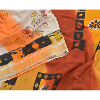 Sanskriti Vintage Sarees Ivory Printed 100% Pure Cotton Sari 5yd Craft Sustainable Fabric