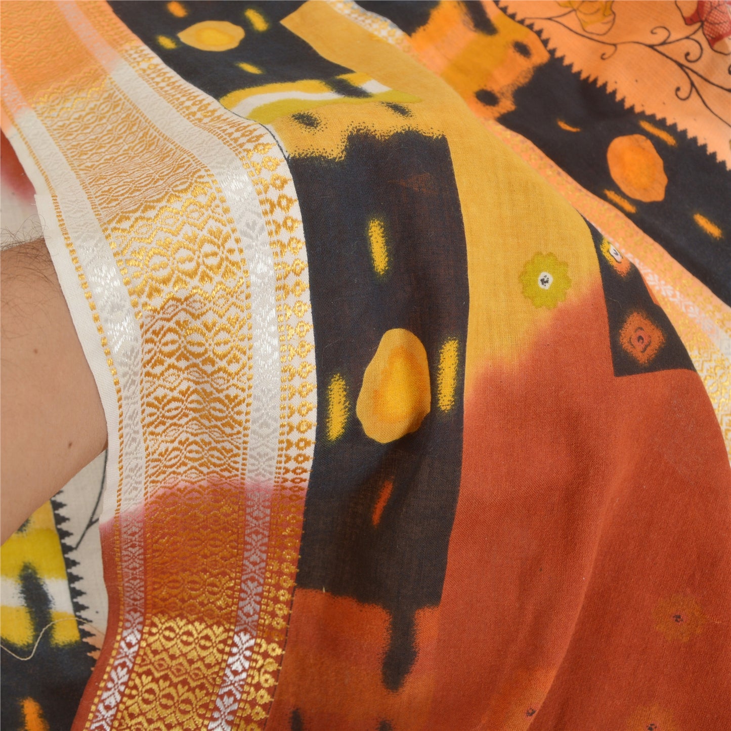 Sanskriti Vintage Sarees Ivory Printed 100% Pure Cotton Sari 5yd Craft Sustainable Fabric