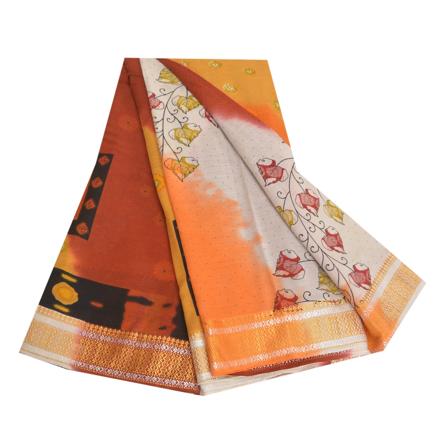 Sanskriti Vintage Sarees Ivory Printed 100% Pure Cotton Sari 5yd Craft Sustainable Fabric