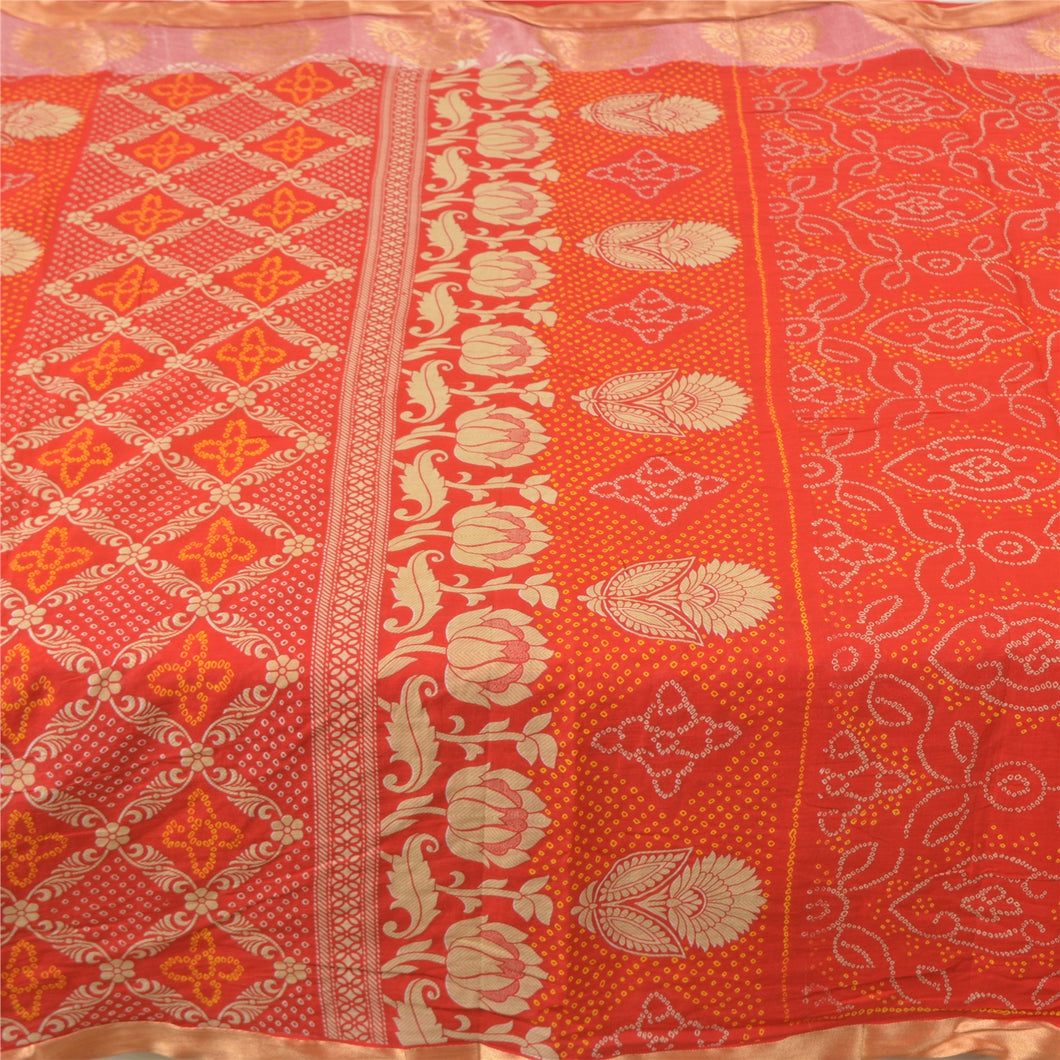 Sanskriti Vintage Sarees Red Bandhani Print Woven Pure Cotton Sari Craft Fabric