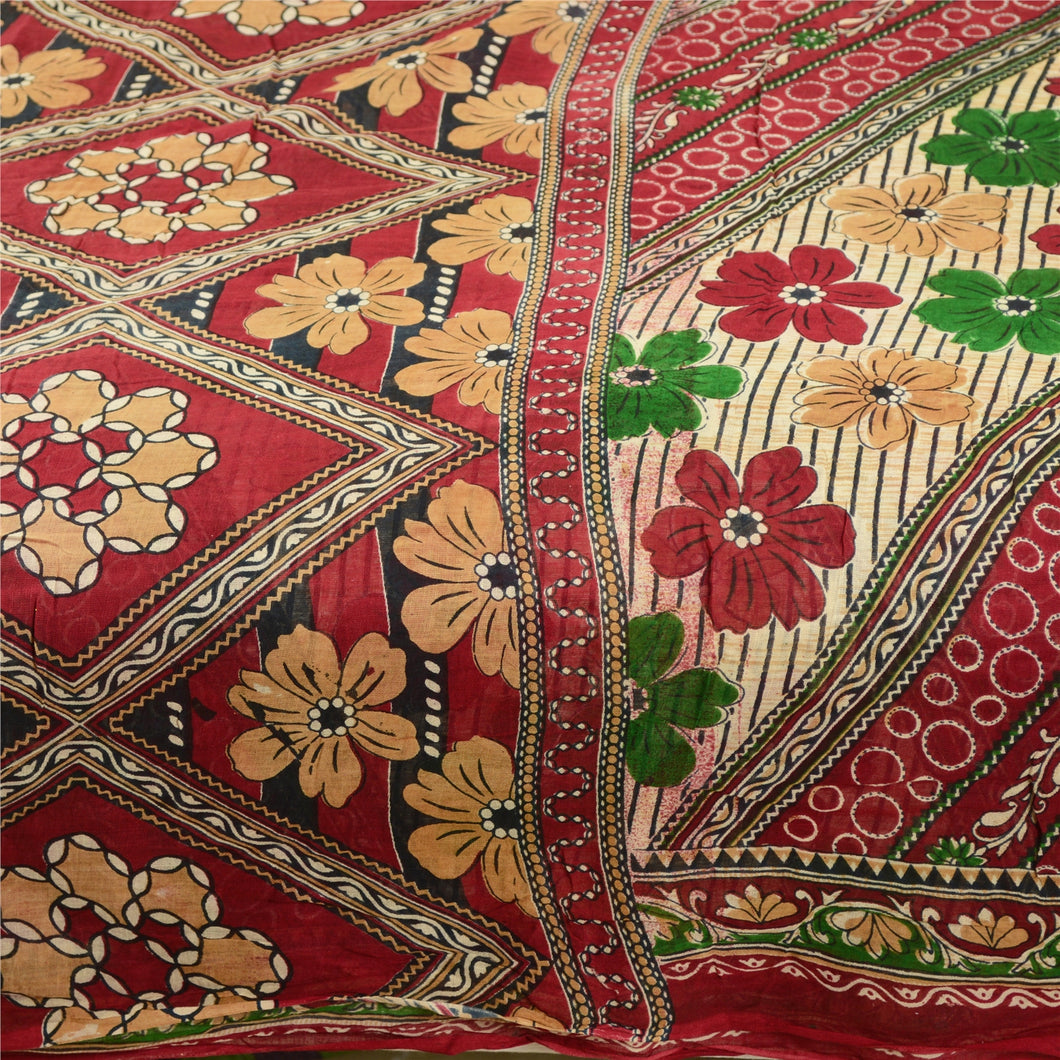 Sanskriti Vintage Sarees Red 100% Pure Cotton Printed Sari Floral Craft Fabric