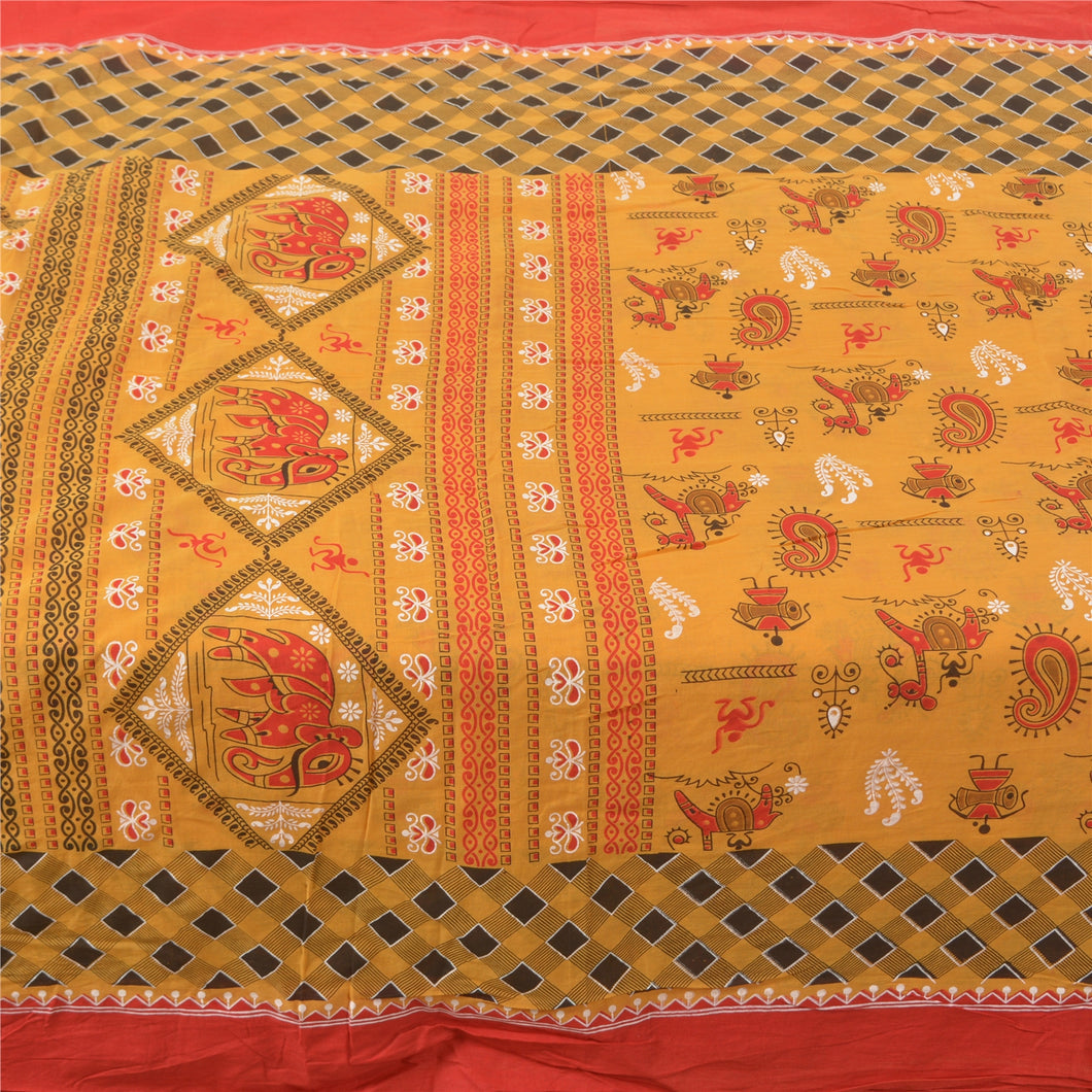 Sanskriti Vintage Sarees Mustard Warli Art Printed Pure Cotton Sari Craft Fabric