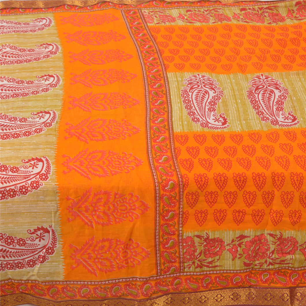 Sanskriti Vintage Sarees Block Printed From India Yellow Pure Cotton Sari Fabric