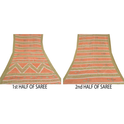 Sanskriti Vintage Sarees Indian Peach Pure Cotton Printed Sari 5yd Craft Sustainable Fabric