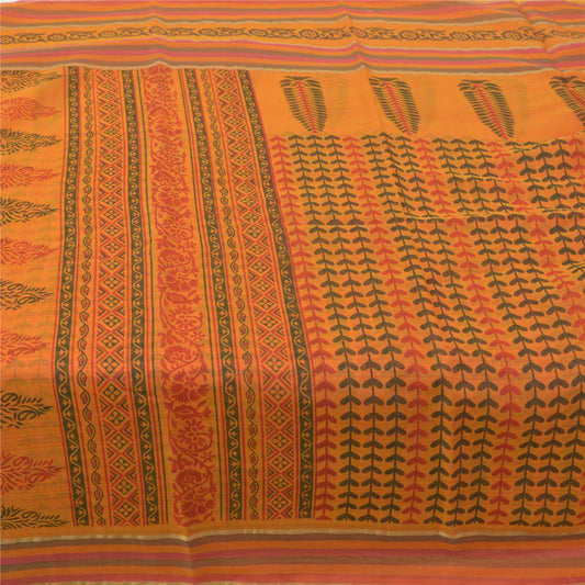 Sanskriti Vintage Sarees Block Printed Indian Saffron Cotton Sari Craft Sustainable Fabric