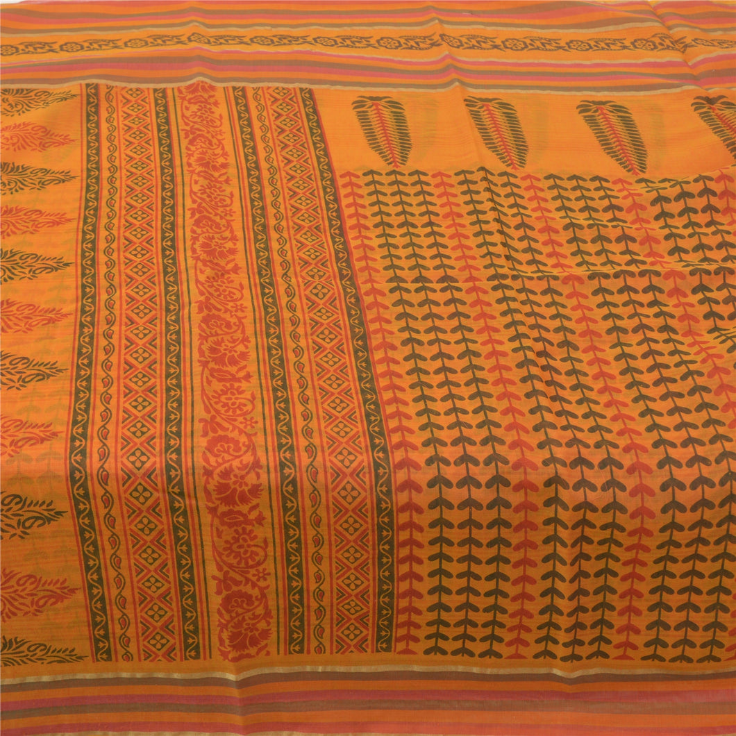 Sanskriti Vintage Sarees Block Printed Indian Saffron Cotton Sari Craft Fabric