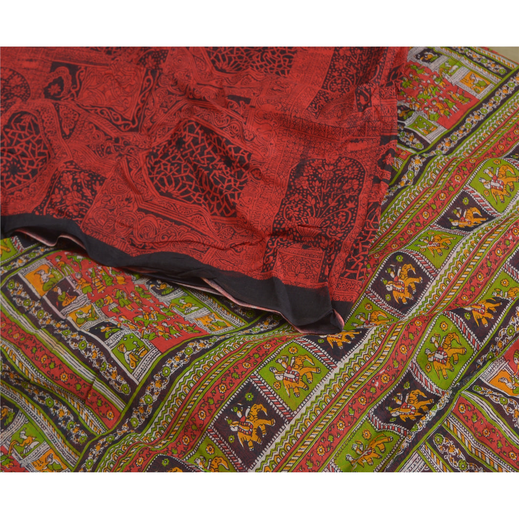 Sanskriti Vintage Sarees Red Human Animal Printed Pure Cotton Sari Craft Fabric