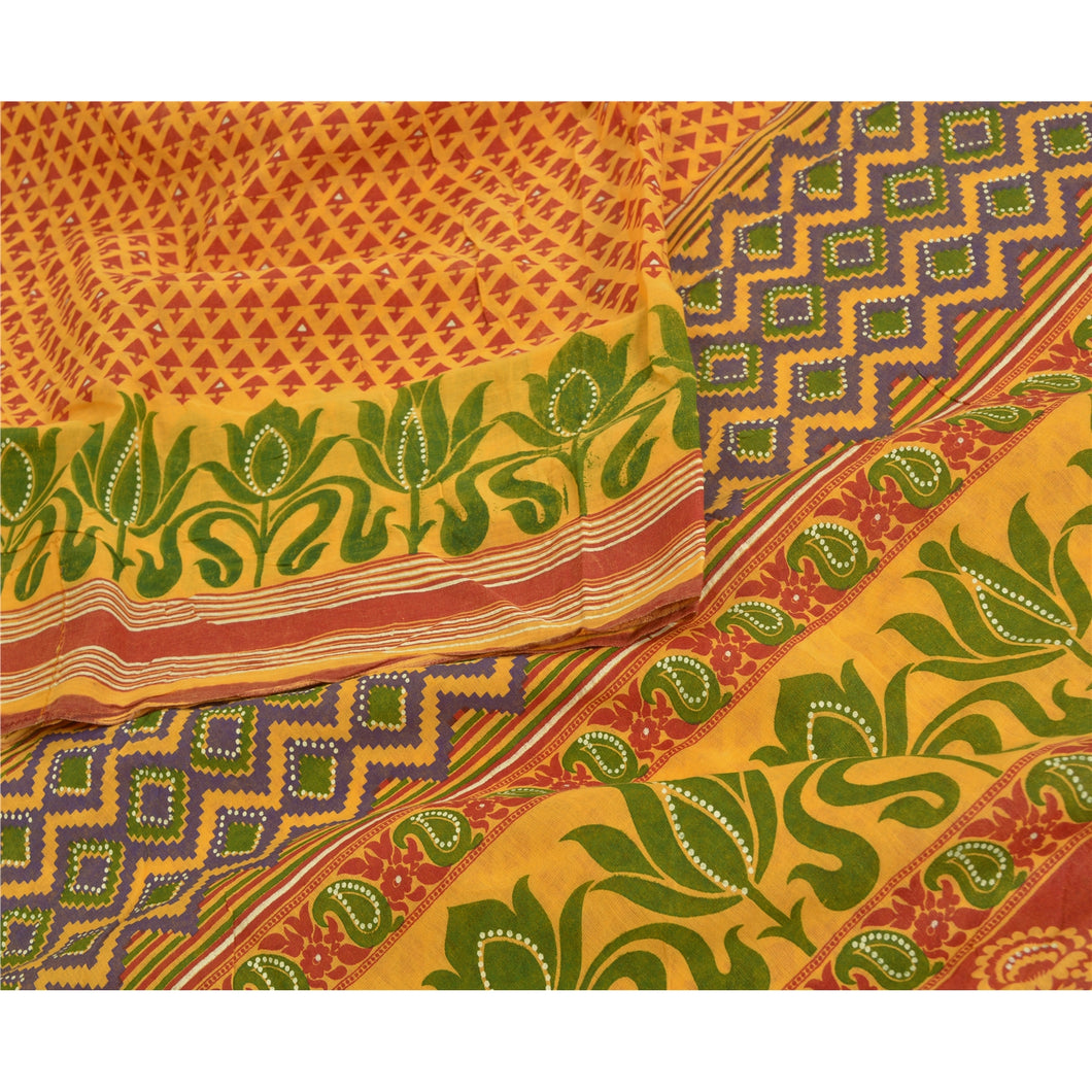 Sanskriti Vintage Sarees Indian Yellow Printed Pure Cotton Sari 5yd Craft Fabric