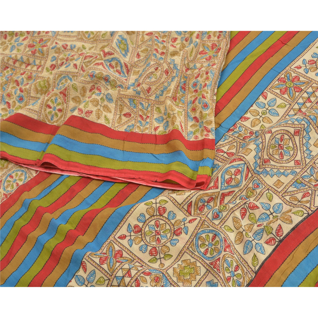 Sanskriti Vintage Sarees Ivory Pure Cotton Printed Sari Floral 5yd Craft Fabric